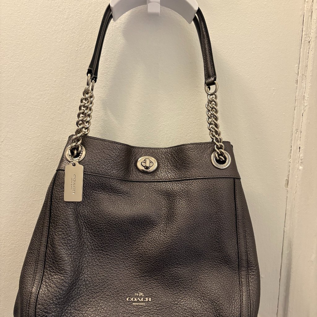 Coach Genuine Leather Metallic Pewter Shoulder Bag